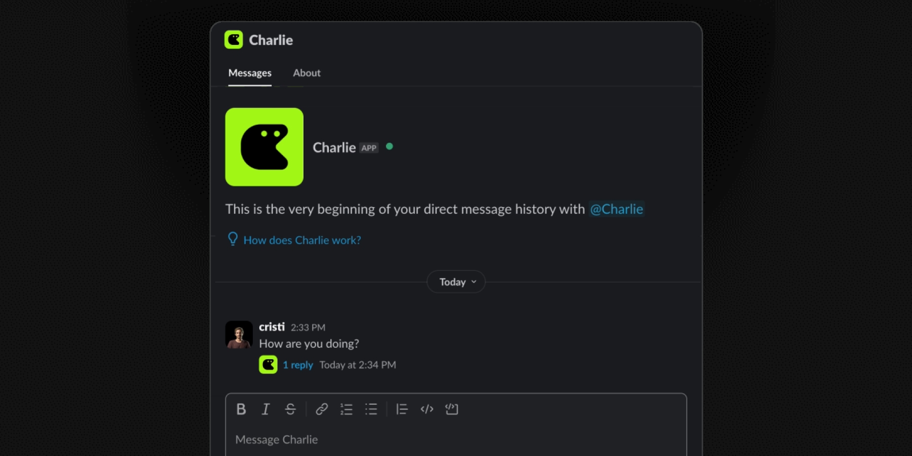 Charlie in Slack DMs and groups